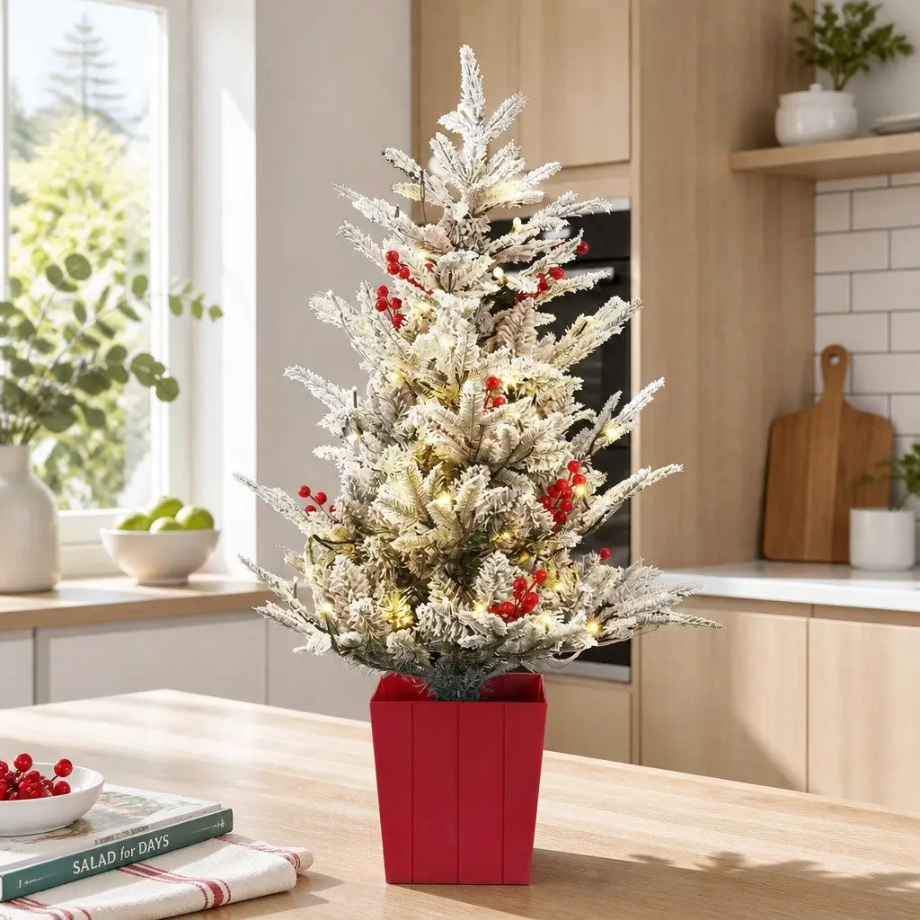 Christmas Potted Tree 100cm LED Warm White Lights Flocked Red Berries Tabletop