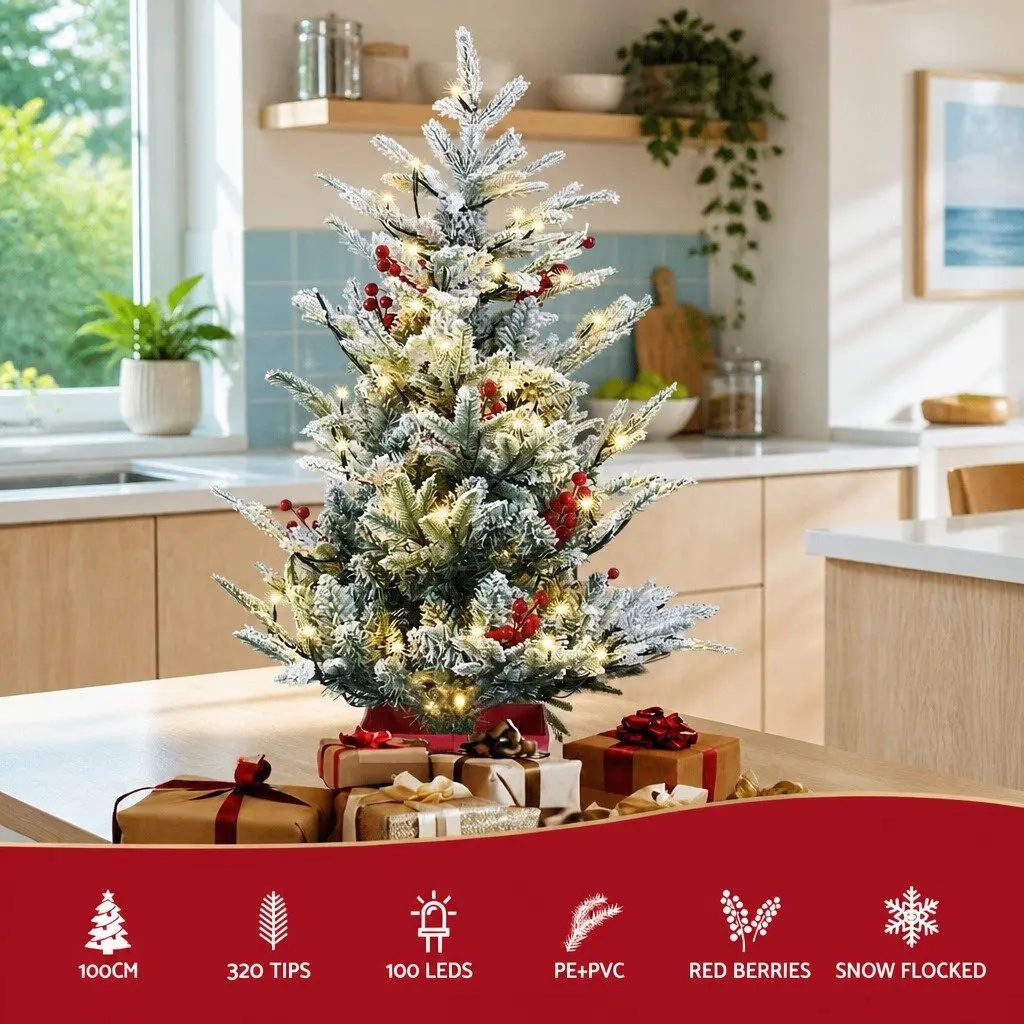 Christmas Potted Tree 100cm LED Warm White Lights Flocked Red Berries Tabletop