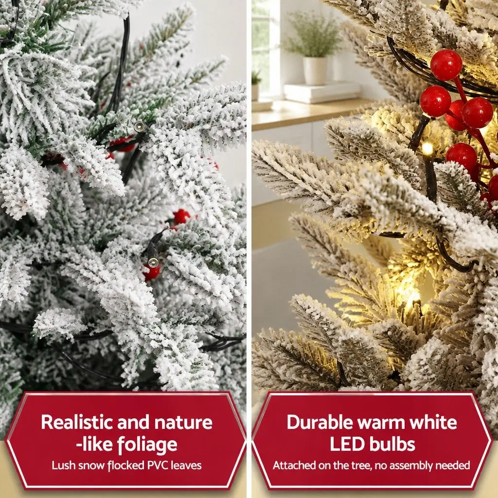 Christmas Potted Tree 100cm LED Warm White Lights Flocked Red Berries Tabletop