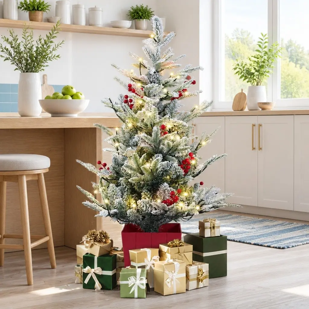 Christmas Potted Tree 100cm LED Warm White Lights Flocked Red Berries Tabletop