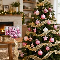 Detailed 34-Piece Christmas Tree Ornament and Ribbon Set