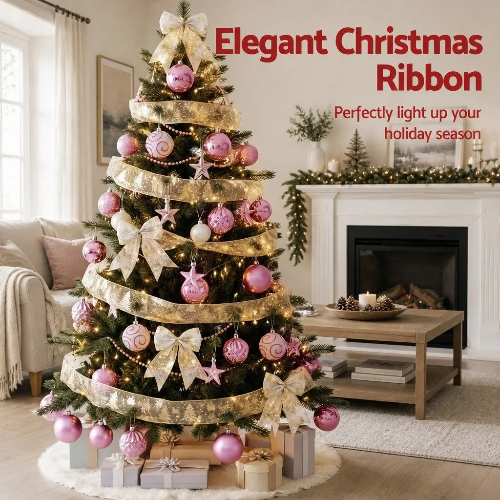 Christmas Tree Decoration Set 34 Piece Gold Pink White for Living Room Dining Area Hallway