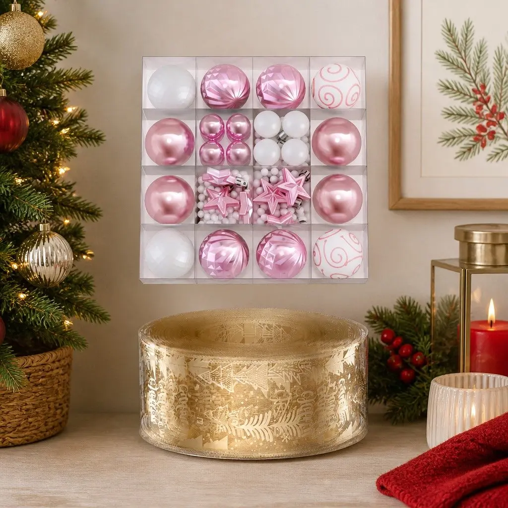 Christmas Tree Decoration Set 34 Piece Gold Pink White for Living Room Dining Area Hallway