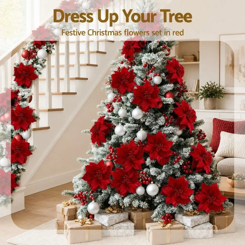 Poinsettia Flowers Christmas Decorations 14 Piece Red for Tree Garland Wreath