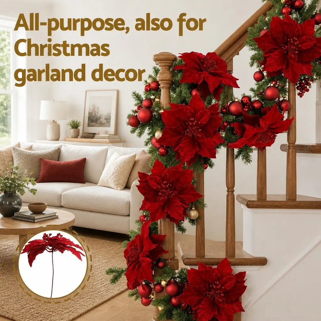 Poinsettia Flowers Christmas Decorations 14 Piece Red for Tree Garland Wreath
