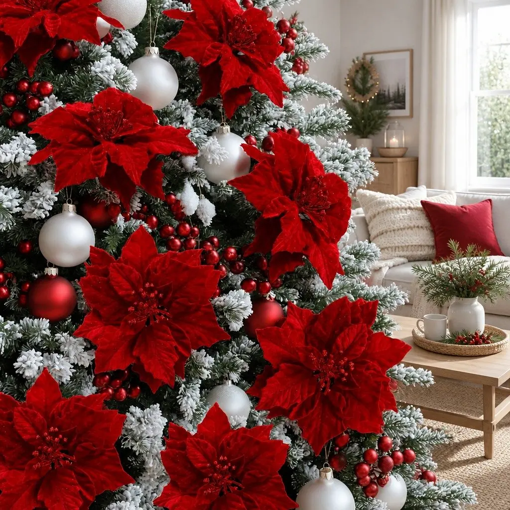 Poinsettia Flowers Christmas Decorations 14 Piece Red for Tree Garland Wreath