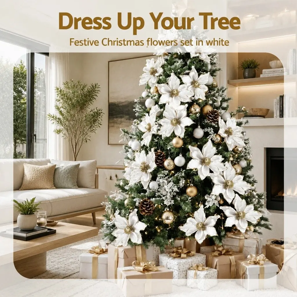 Poinsettia Flower Set for Christmas Decoration 14 Piece White