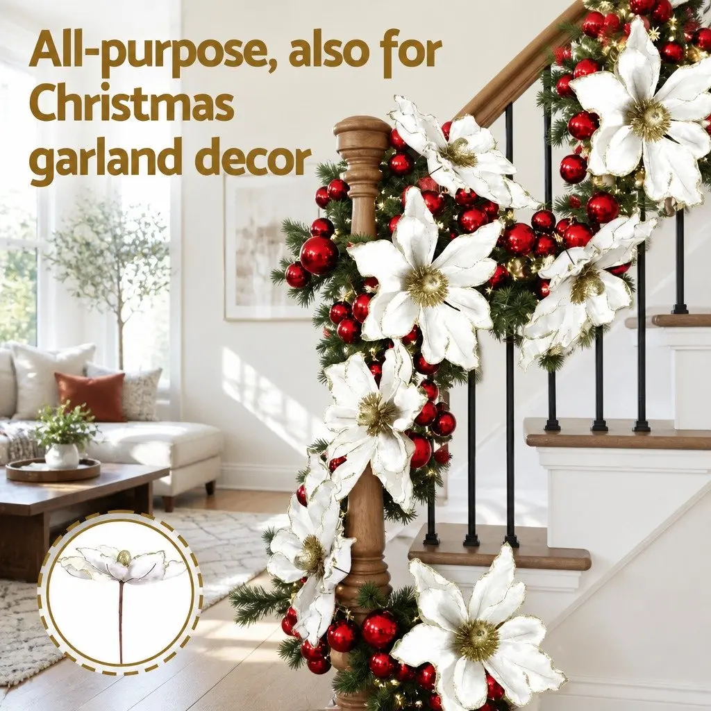 Poinsettia Flower Set for Christmas Decoration 14 Piece White