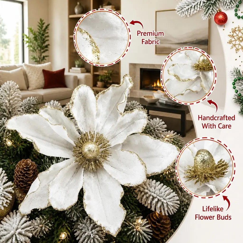 Poinsettia Flower Set for Christmas Decoration 14 Piece White