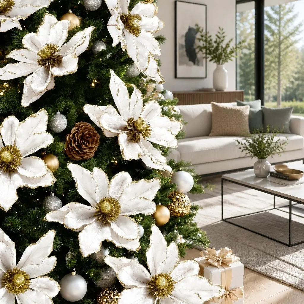 Poinsettia Flower Set for Christmas Decoration 14 Piece White