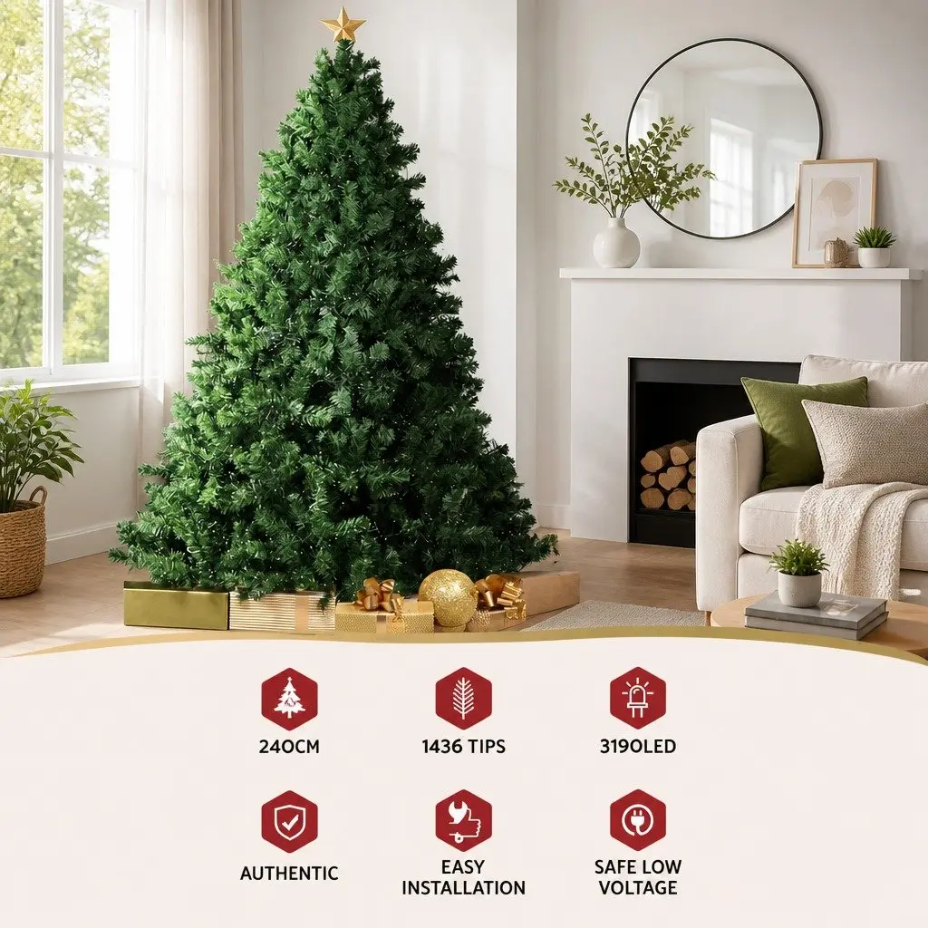 Christmas Tree 2.4M Pre-Lit Xmas Tree 3190 LEDs 8 Light Mode Indoor Decoration