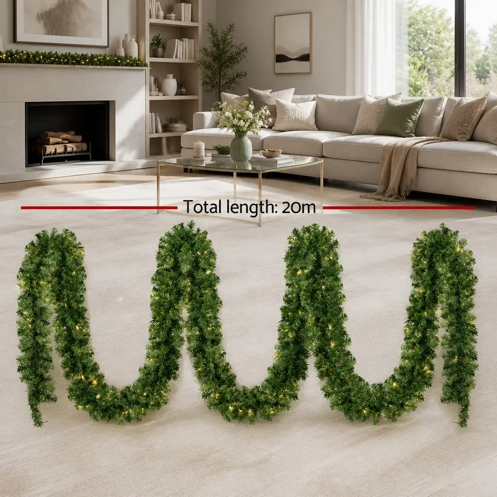 Christmas Garland Indoor Outdoor 20 Metre Green Prelit with 300 Warm LED Lights 1400 Tips