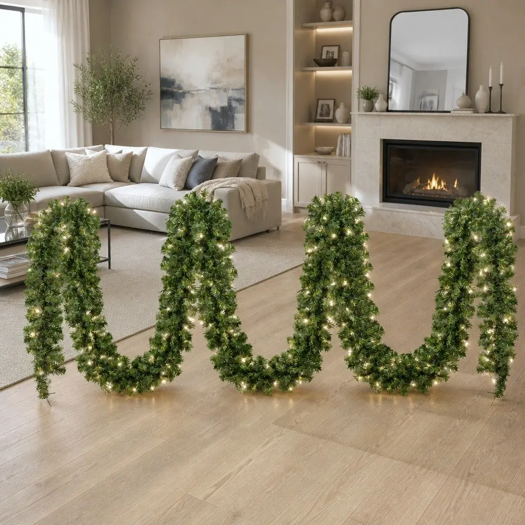 Christmas Garland Indoor Outdoor 20 Metre Green Prelit with 300 Warm LED Lights 1400 Tips