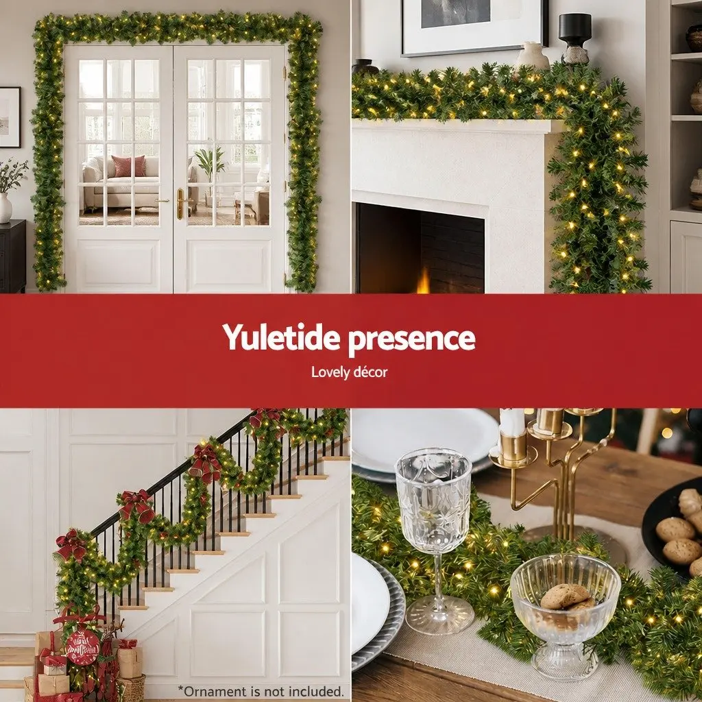 Christmas Garland Indoor Outdoor 20 Metre Green Prelit with 300 Warm LED Lights 1400 Tips