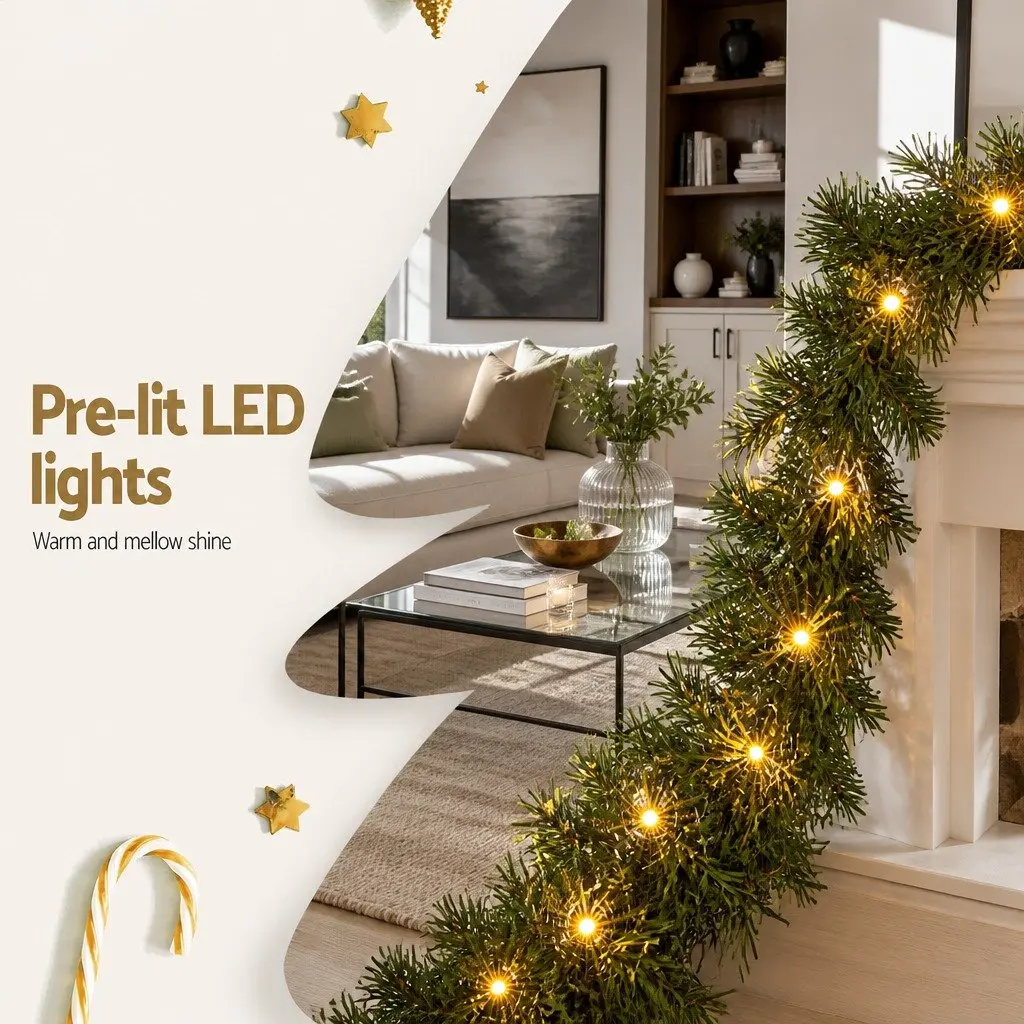 Christmas Garland Indoor Outdoor 20 Metre Green Prelit with 300 Warm LED Lights 1400 Tips