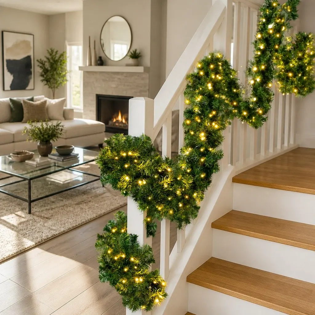 Christmas Garland Indoor Outdoor 20 Metre Green Prelit with 300 Warm LED Lights 1400 Tips