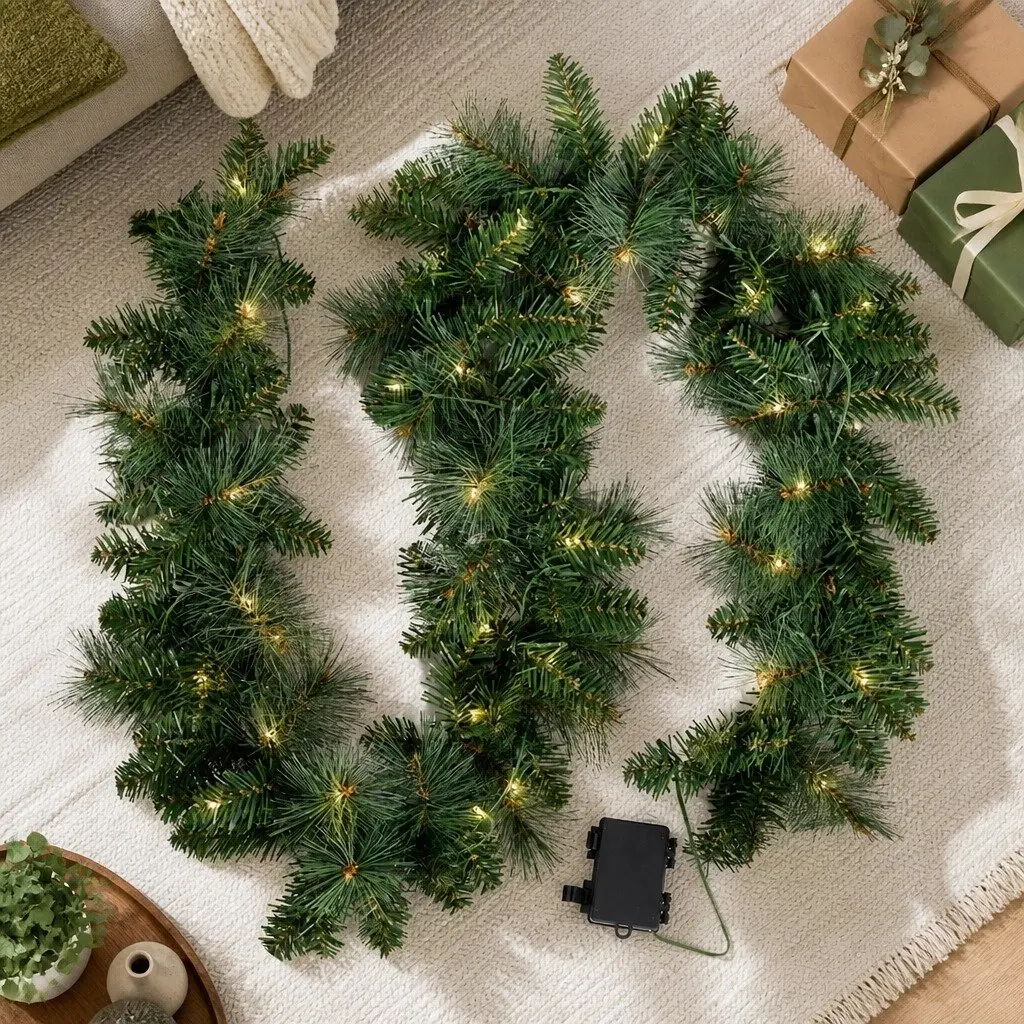 Green Prelit LED Warm Lights Christmas Garland 1.8m Indoor Outdoor Decoration