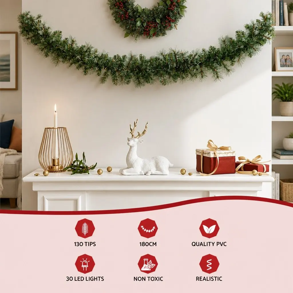Green Prelit LED Warm Lights Christmas Garland 1.8m Indoor Outdoor Decoration