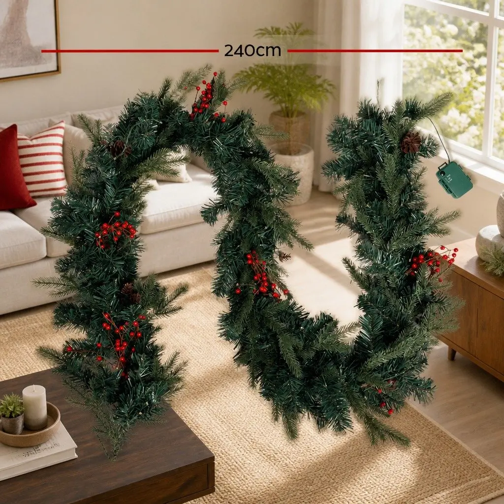 2.4m Christmas Garland Pre-lit LED Lights Warm White Xmas Indoor Outdoor