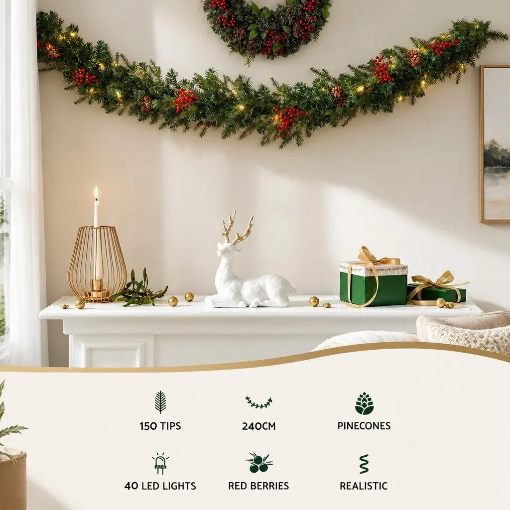 2.4m Christmas Garland Pre-lit LED Lights Warm White Xmas Indoor Outdoor