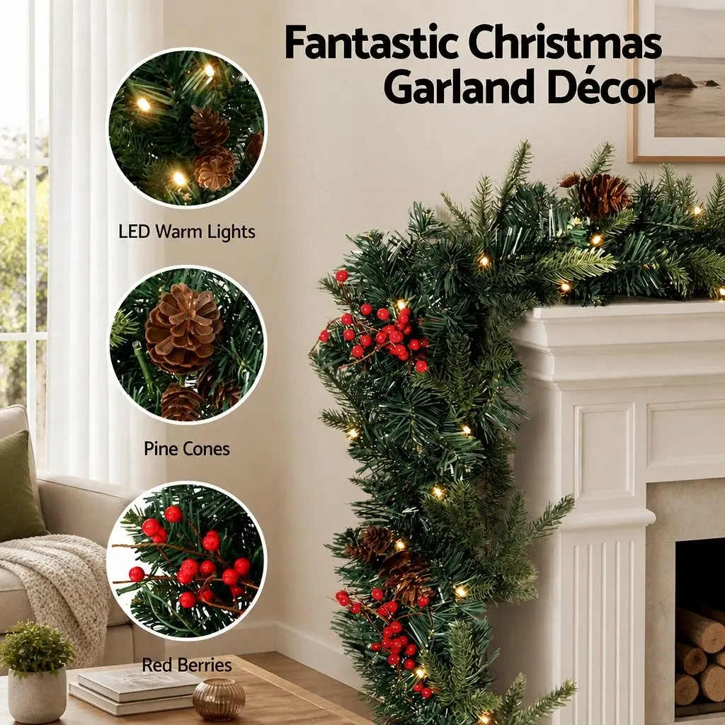 2.4m Christmas Garland Pre-lit LED Lights Warm White Xmas Indoor Outdoor