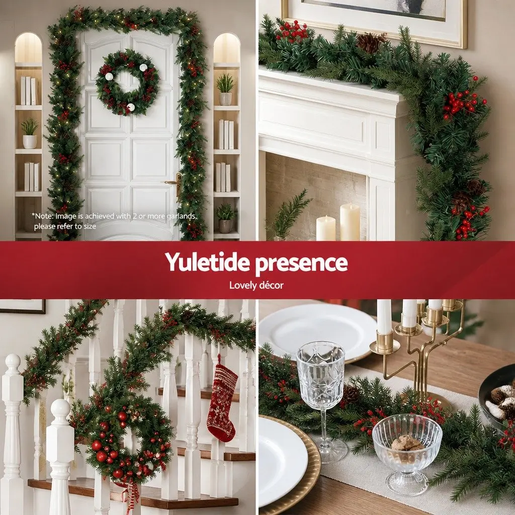 2.4m Christmas Garland Pre-lit LED Lights Warm White Xmas Indoor Outdoor