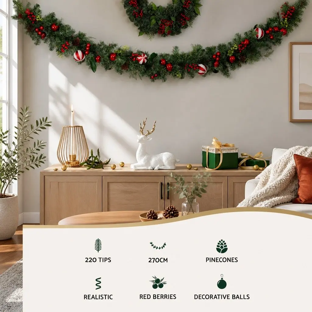 Christmas Garland Indoor 2.7m Green with Lights Baubles Berries Pine Cones