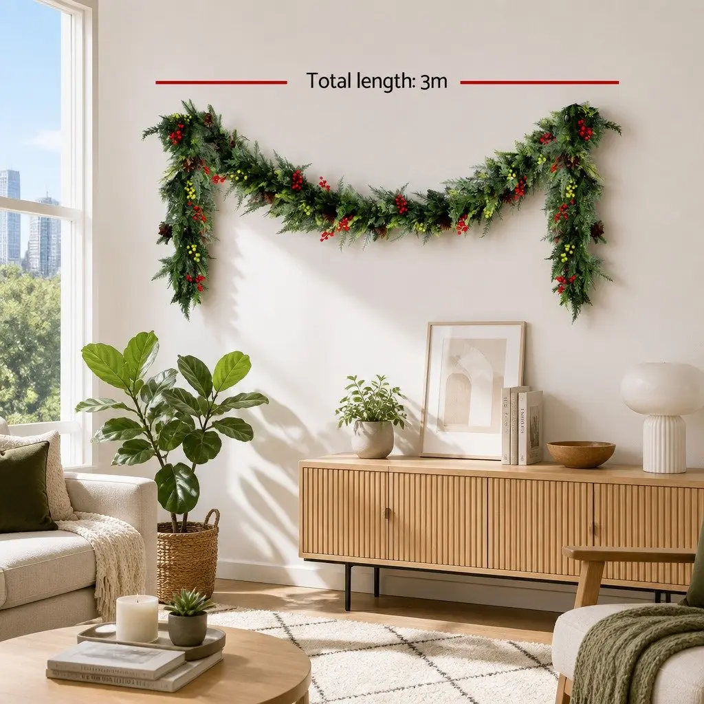 Christmas Garland Indoor Outdoor 3 Metre Pre-lit Warm LED Lights Pine Cones Berries