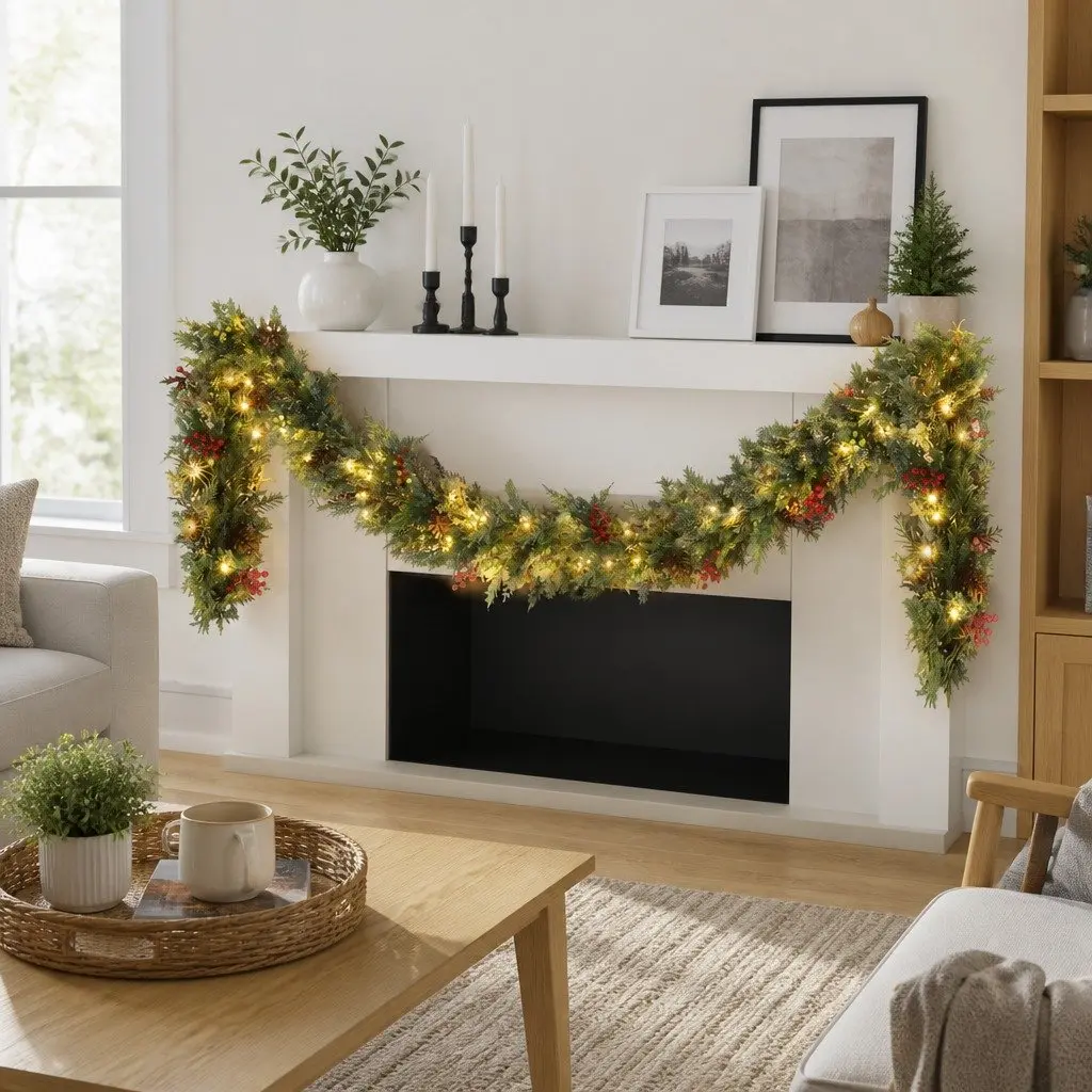 Christmas Garland Indoor Outdoor 3 Metre Pre-lit Warm LED Lights Pine Cones Berries