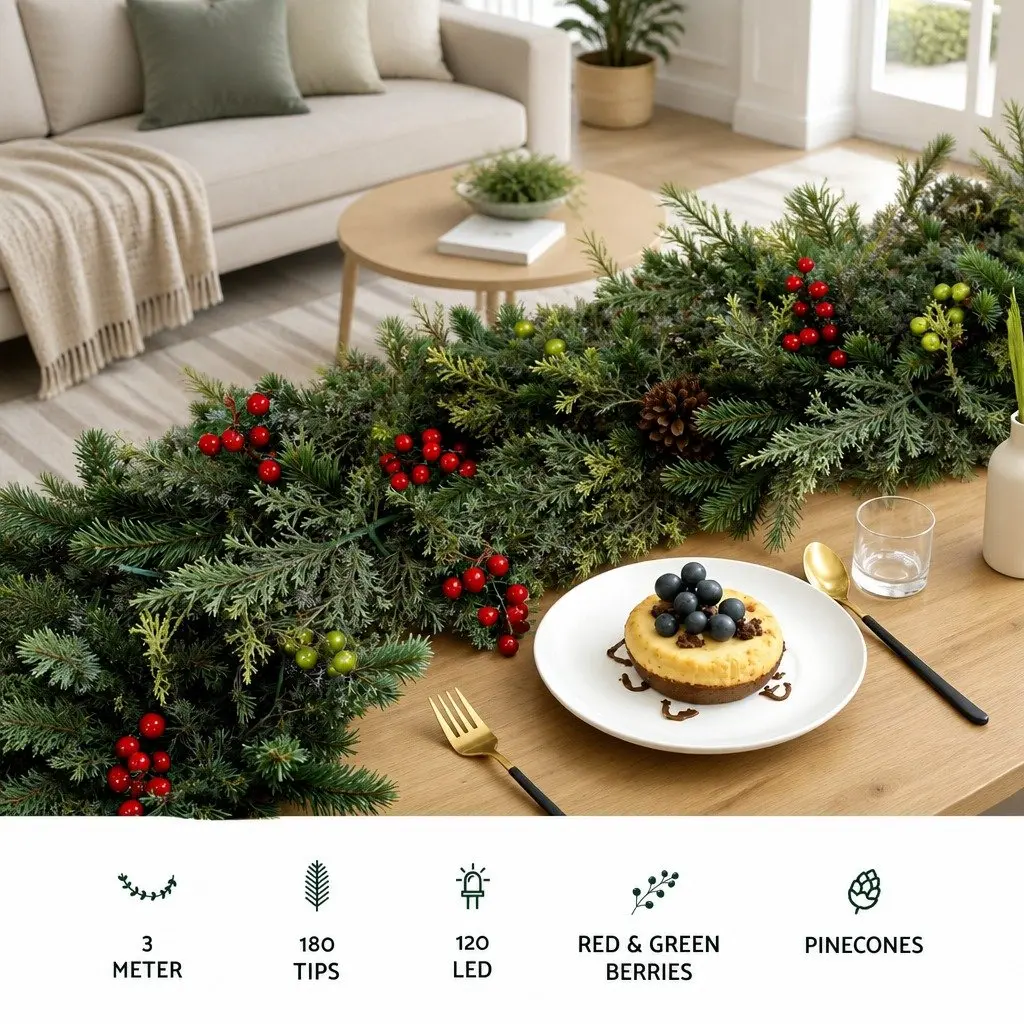 Christmas Garland Indoor Outdoor 3 Metre Pre-lit Warm LED Lights Pine Cones Berries