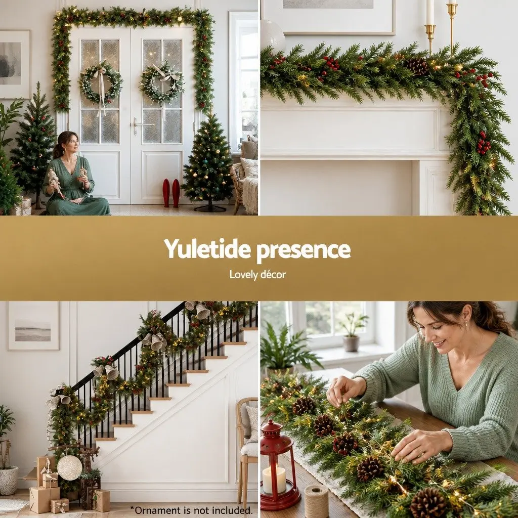 Christmas Garland Indoor Outdoor 3 Metre Pre-lit Warm LED Lights Pine Cones Berries