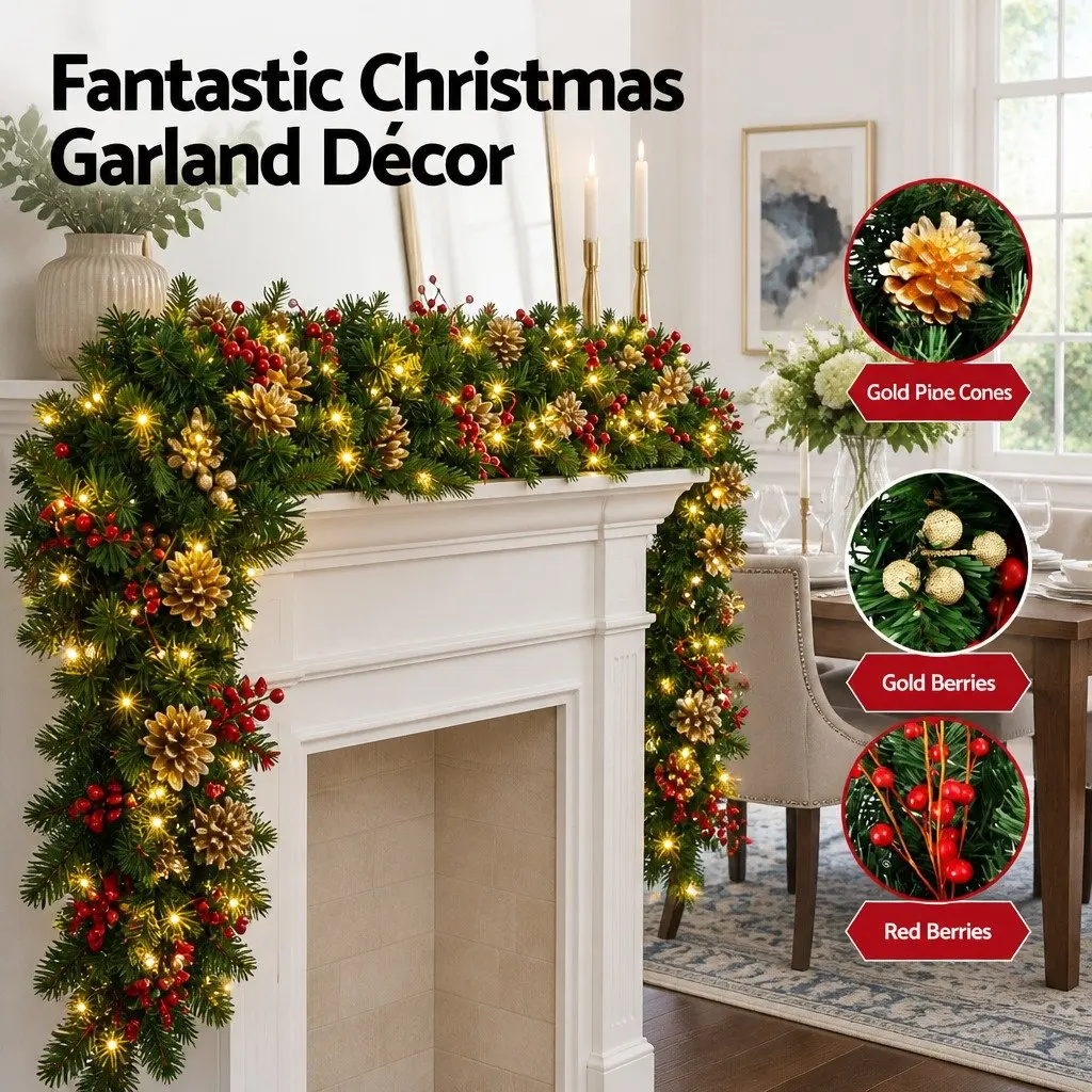1.8M Pre-lit LED Christmas Garland with Pine Cones Berries Warm White Lights