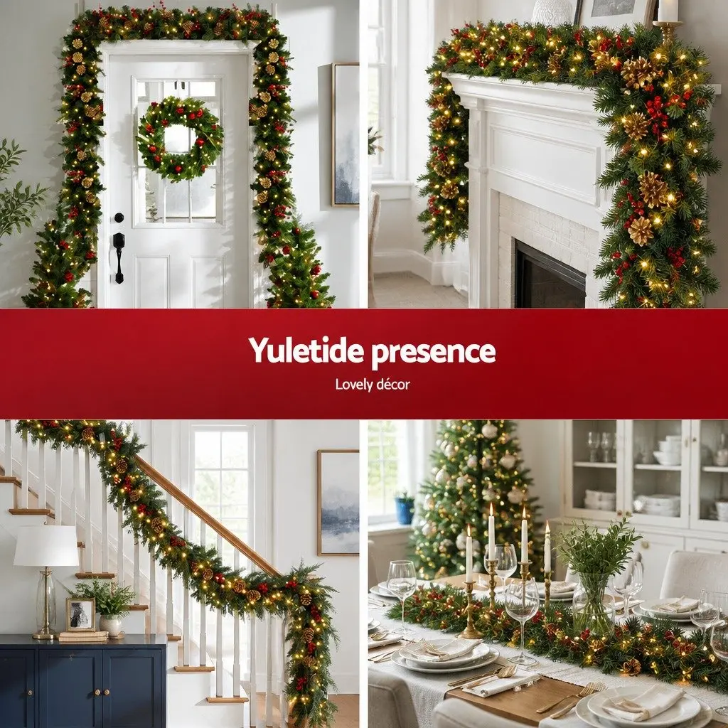 1.8M Pre-lit LED Christmas Garland with Pine Cones Berries Warm White Lights