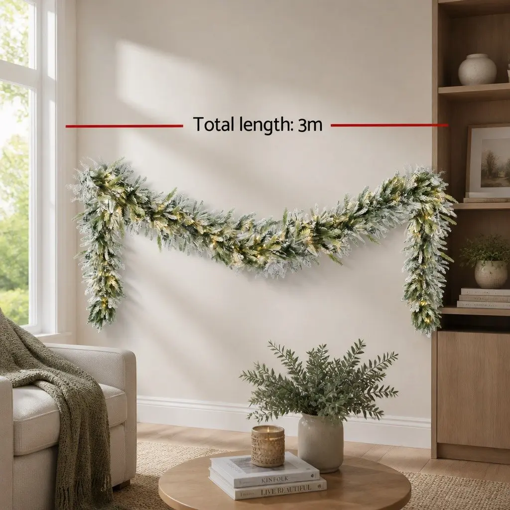 Christmas Garland Indoor Outdoor 3 Metre Pre-lit Warm White LED Lights Snow Frosted Green
