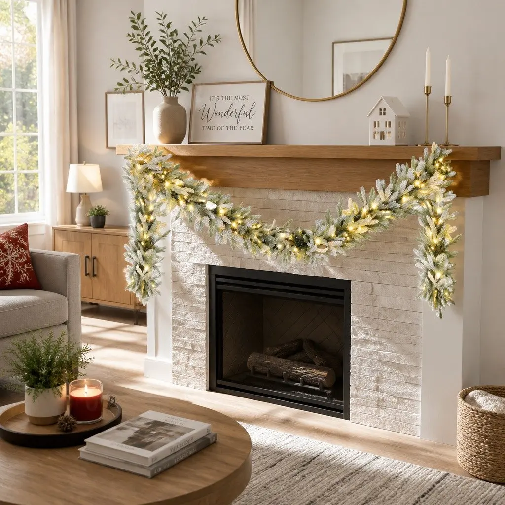 Christmas Garland Indoor Outdoor 3 Metre Pre-lit Warm White LED Lights Snow Frosted Green