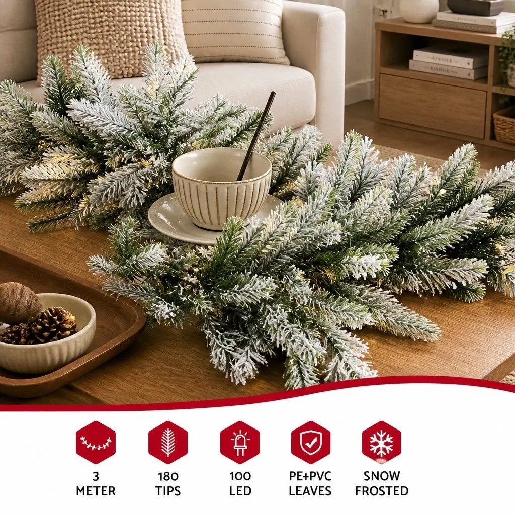 Christmas Garland Indoor Outdoor 3 Metre Pre-lit Warm White LED Lights Snow Frosted Green