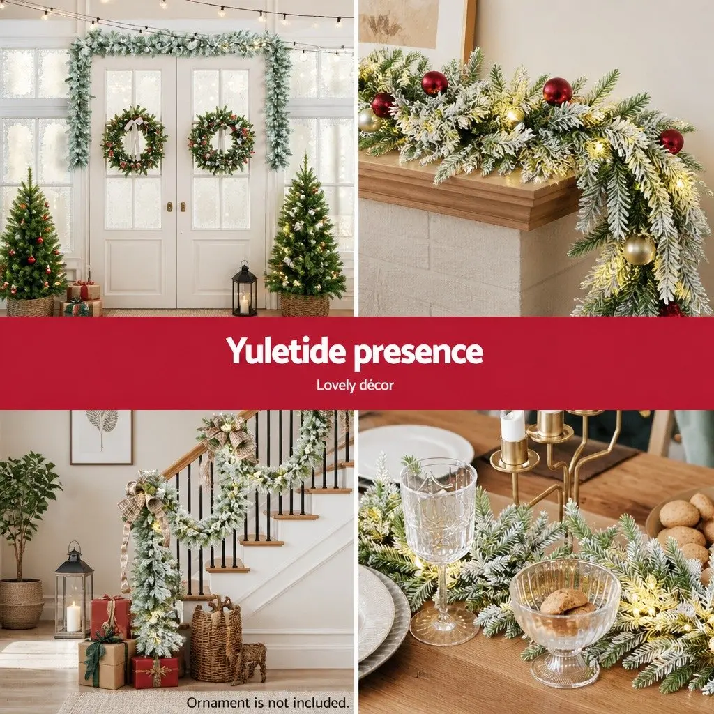 Christmas Garland Indoor Outdoor 3 Metre Pre-lit Warm White LED Lights Snow Frosted Green