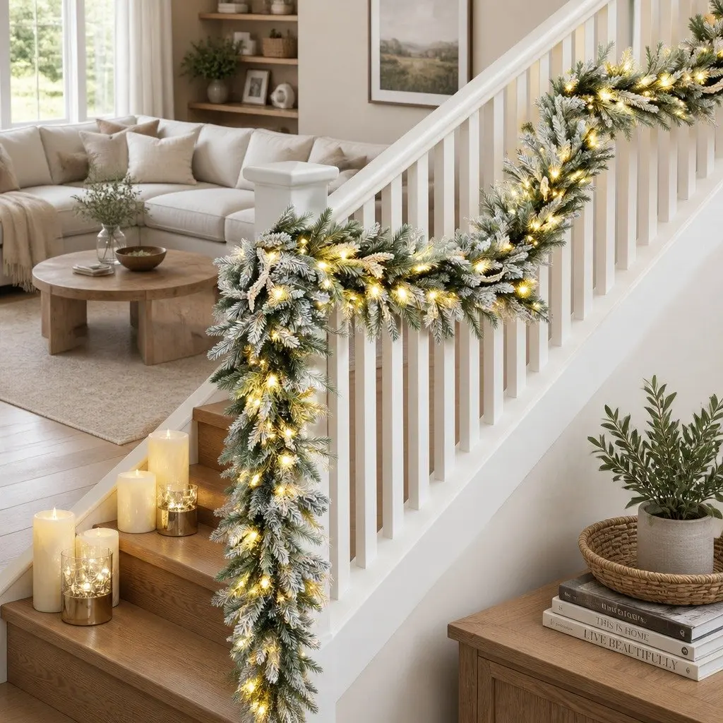 Christmas Garland Indoor Outdoor 3 Metre Pre-lit Warm White LED Lights Snow Frosted Green