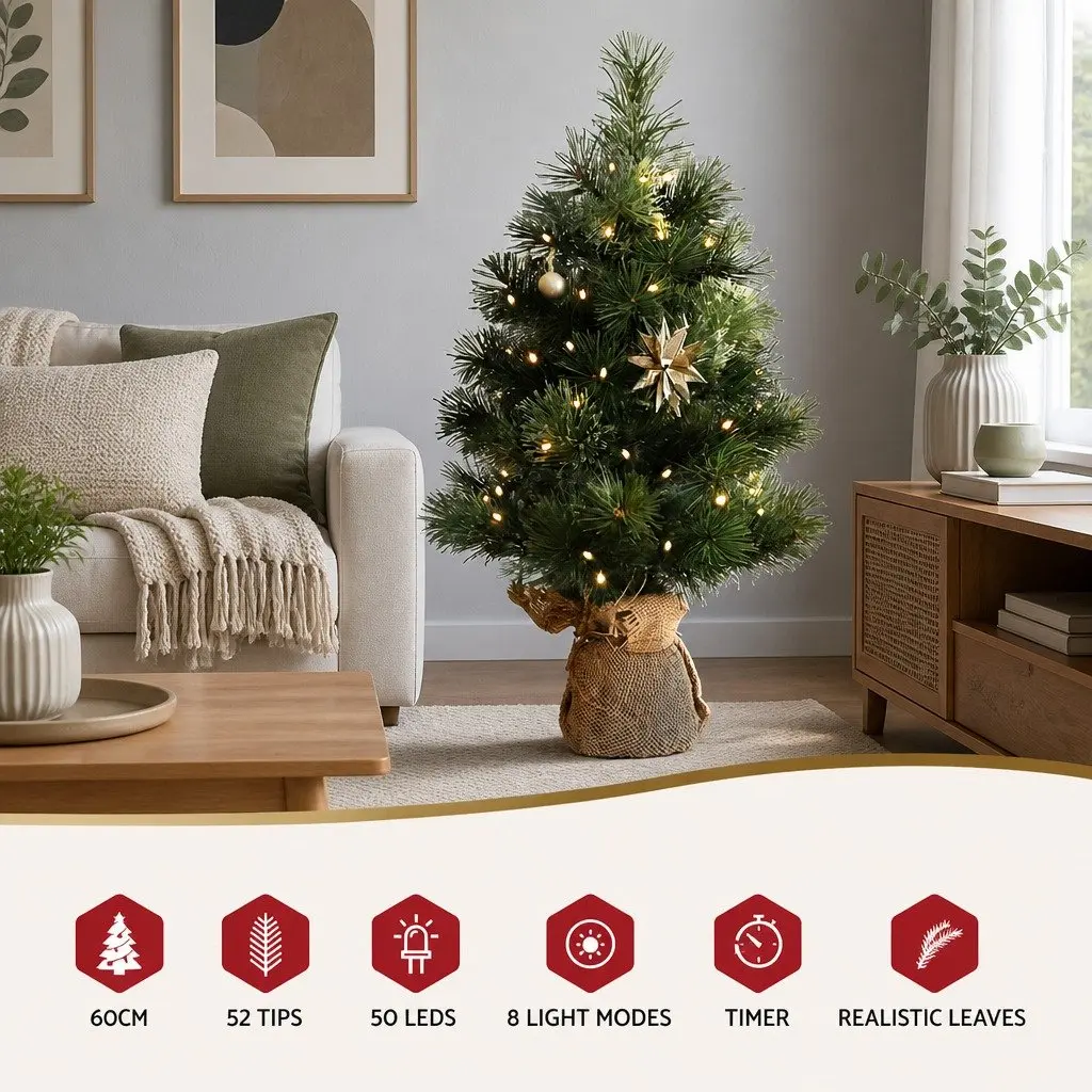 Mini Christmas Tree 60CM Tabletop LED Xmas Tree 8 Light Modes Timer Green