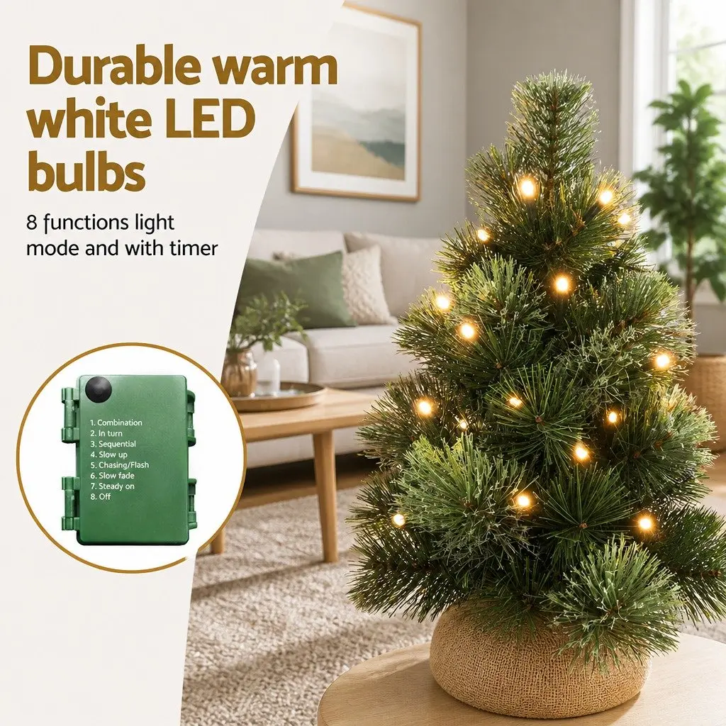 Mini Christmas Tree 60CM Tabletop LED Xmas Tree 8 Light Modes Timer Green