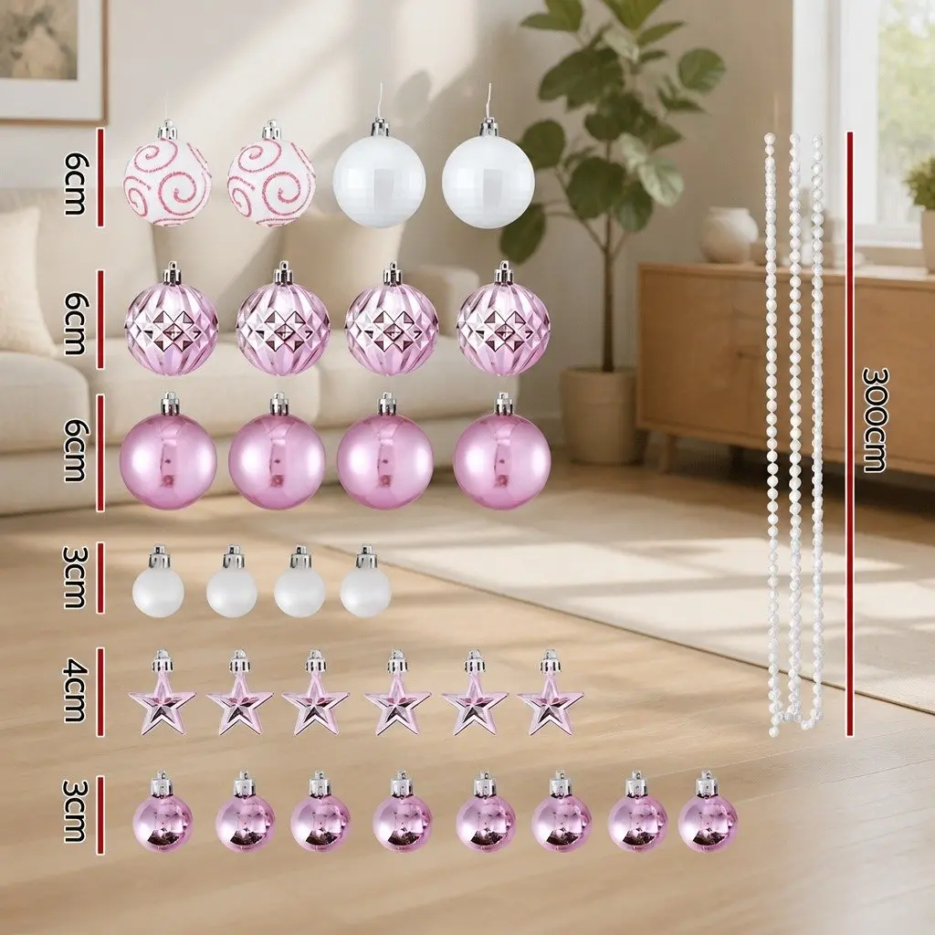 Christmas Tree Decorations Pink White 33 Piece Baubles Ornaments Stars Garland Set