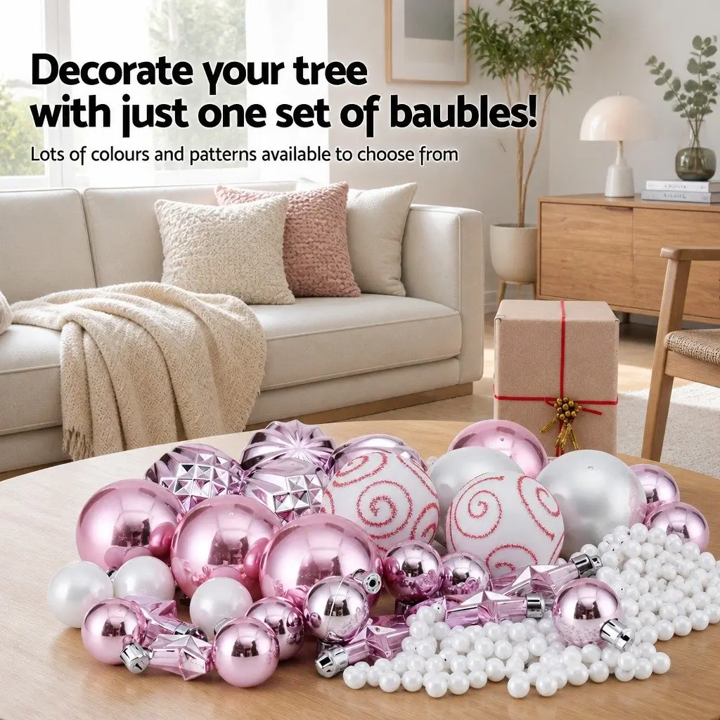 Christmas Tree Decorations Pink White 33 Piece Baubles Ornaments Stars Garland Set