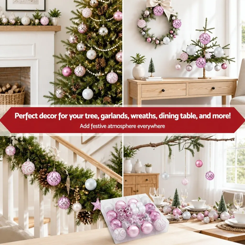 Christmas Tree Decorations Pink White 33 Piece Baubles Ornaments Stars Garland Set