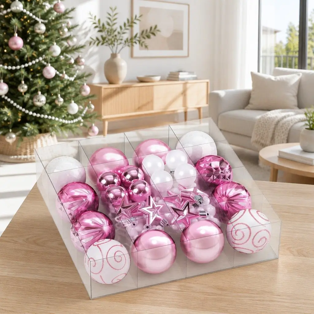 Christmas Tree Decorations Pink White 33 Piece Baubles Ornaments Stars Garland Set