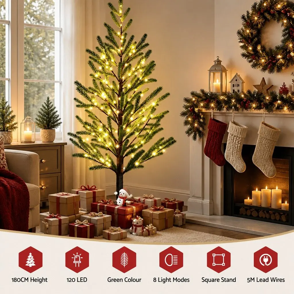 Pre-lit Christmas Tree for Christmas 1.8M Green Artificial with LED Lights 8 Modes