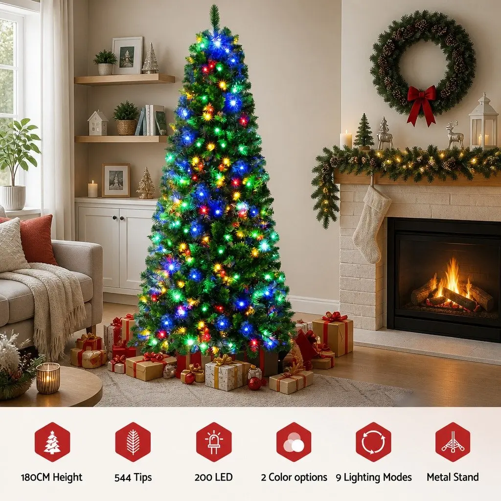 Christmas Tree Green 1.8M Pre-Lit 200 LED Multi Colour 8 Mode