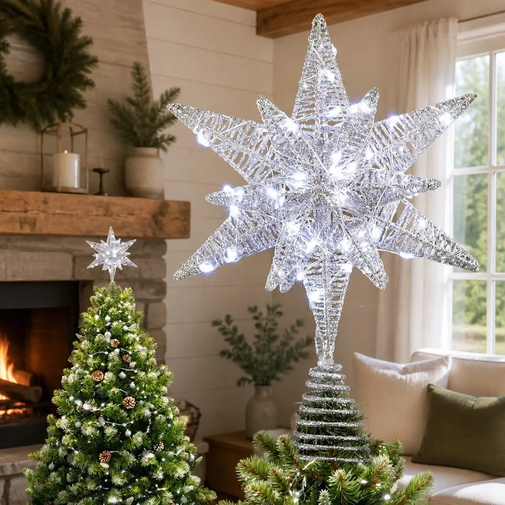 Christmas Tree Topper Star Decoration LED Light Indoor Outdoor White 18x7x27cm