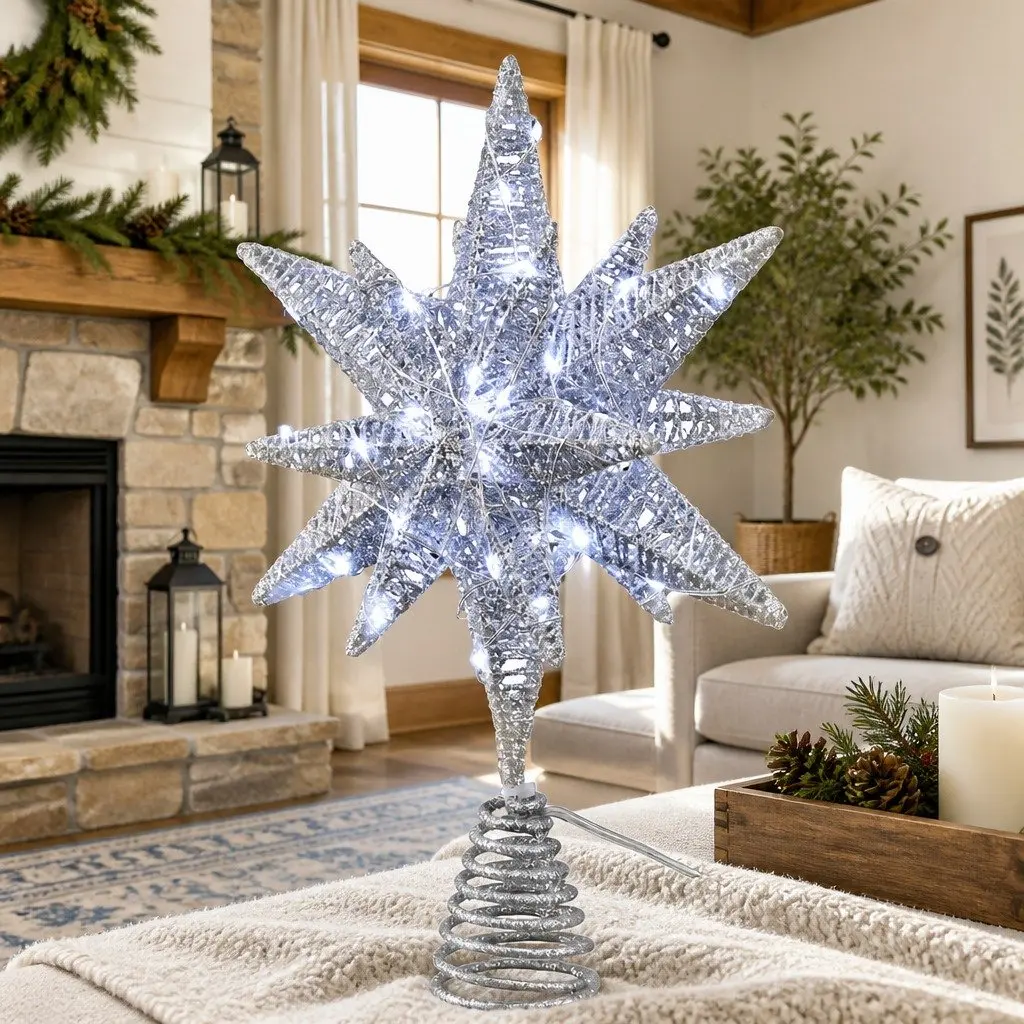 Christmas Tree Topper Star Decoration LED Light Indoor Outdoor White 18x7x27cm