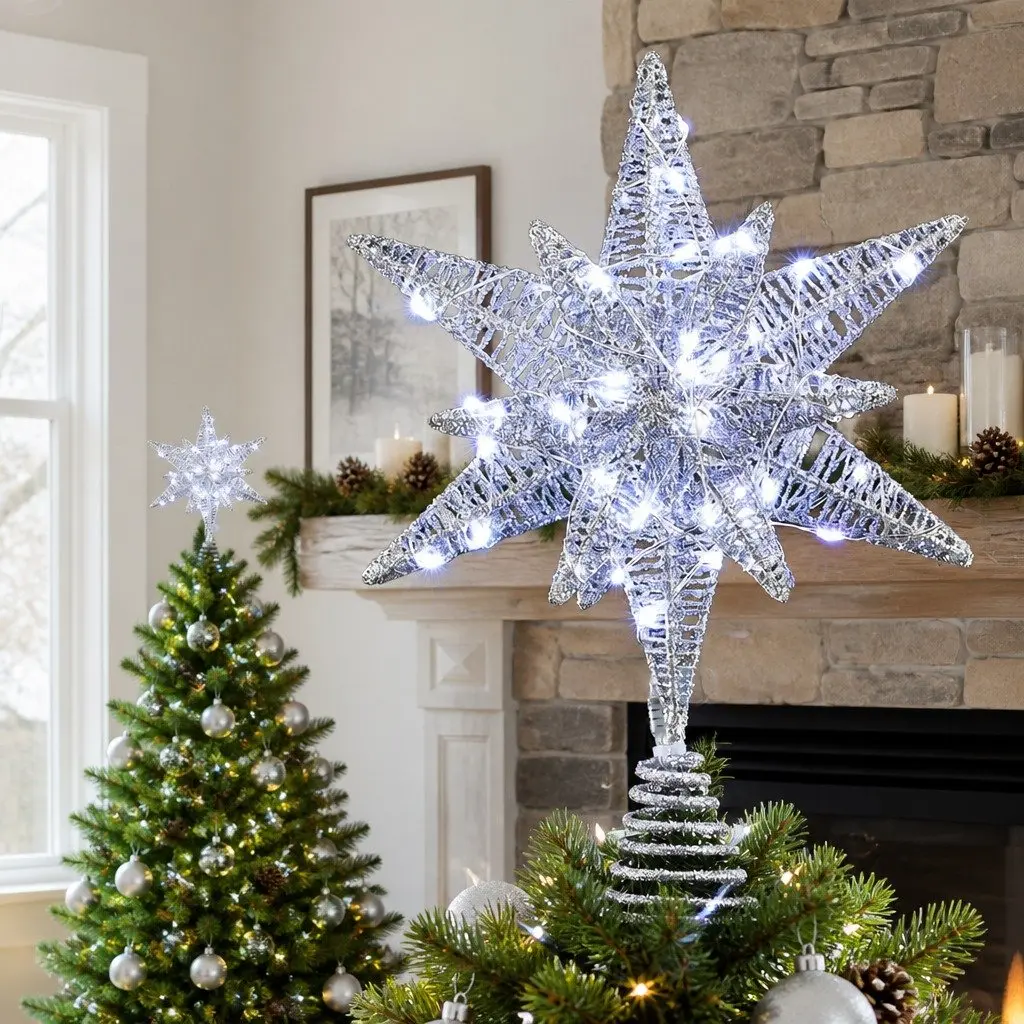 Christmas Tree Topper Star Decoration LED Light Indoor Outdoor White 18x7x27cm
