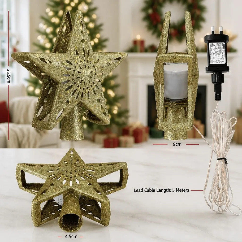 Christmas Tree Topper Star Snowflake Projector Laser Glitter Gold Indoor